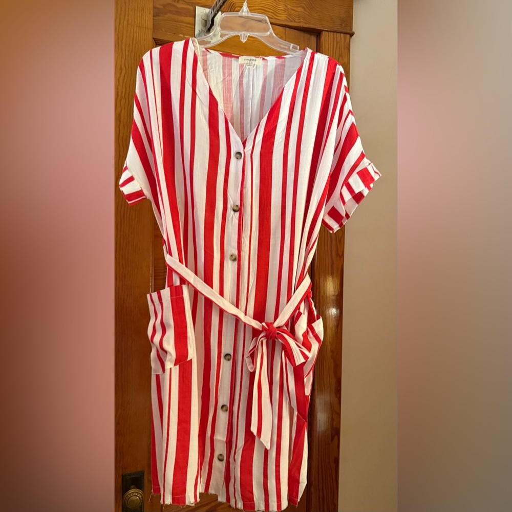 Red and White Striped Button-Up Dress